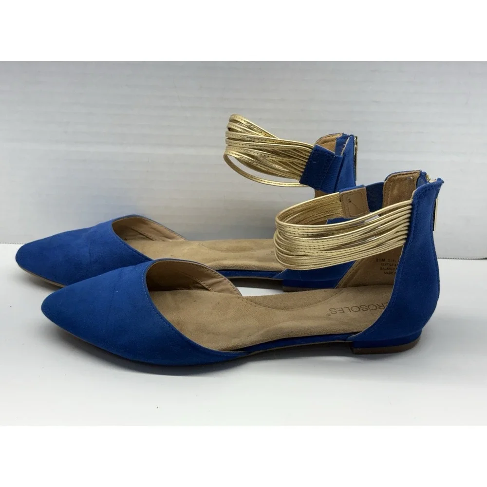 Aerosoles Girl Talk Ballet Flats Blue Suede Gold Ankle Strap Size 8.5M